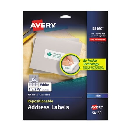 Avery, REPOSITIONABLE ADDRESS LABELS W/SUREFEED, INKJET/LASER, 1 X 2 5/8, WHITE, 750PK
